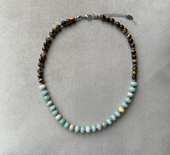 AMAZONITE & TIGER’S EYE Colorblock Necklace 17” Rondelle Beads Stainless