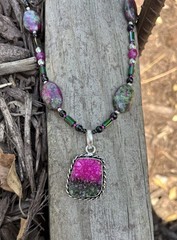 Handcrafted Ruby Zoisite Druzy Pendant Necklace & Pink Tourmaline RARE w/ black