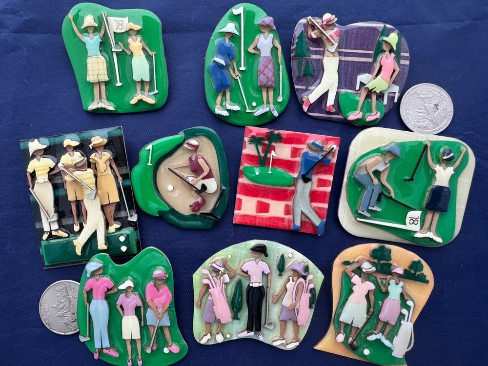 Vintage Jewelry Lot Lucinda Pin Not House Woman Golf Golfer Pin 10 Pc Whimsical