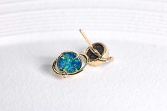 Saturn Design Doublet Opal Stud Earrings 14K Yellow Gold
