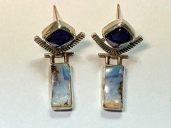 Opal Amethyst post earrings in sterling silver Bezel set signed Debbie Noiseau