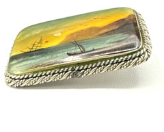 Vintage Brooch Fedoskino Hand Painted Mother of Pearl Coastal Ships Signed KM 98