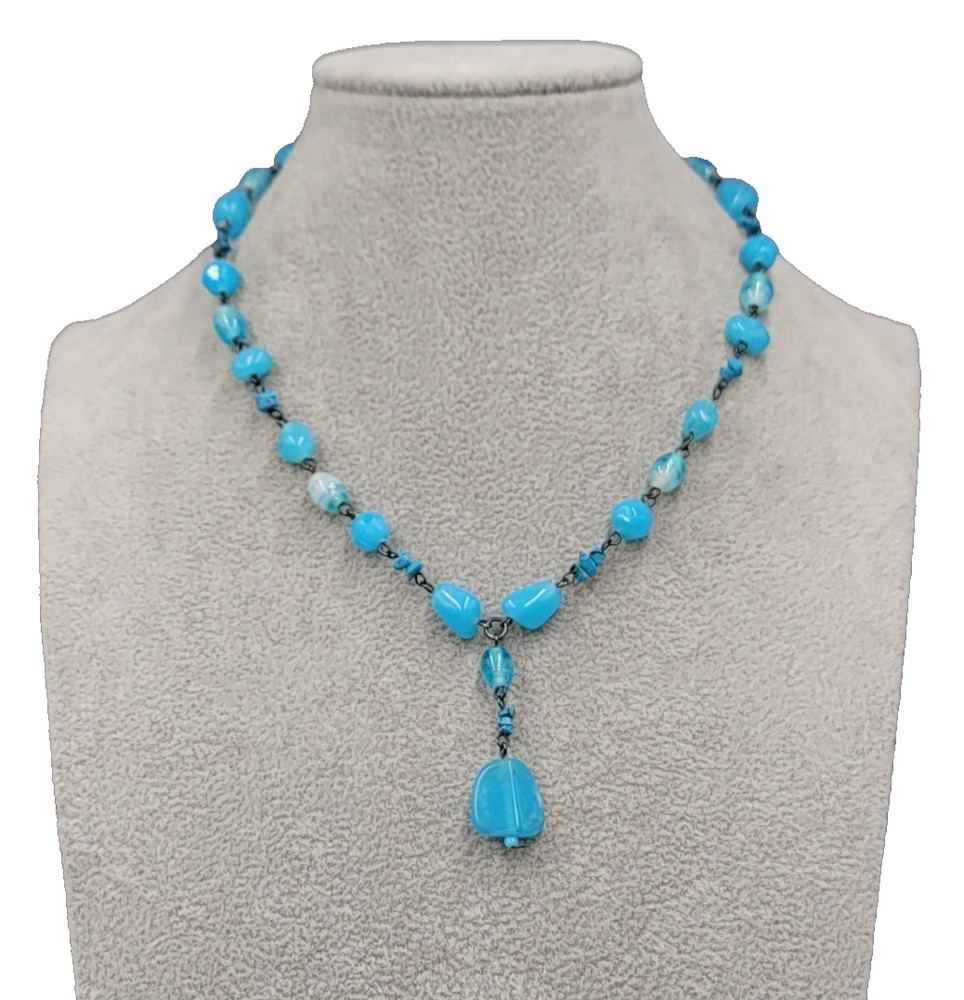 Signed Express Blue Art Glass Bead Y Drop Necklace 18″ adj