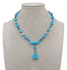 Signed Express Blue Art Glass Bead Y Drop Necklace 18″ adj