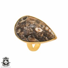 Size 7.5 – Size 9 Adjustable Turritella Agate 24K Gold Plated Ring GPR1021