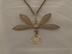 Artist Made Dragonfly Silver Copper or Antique Gold Necklace with Swarovski Ring