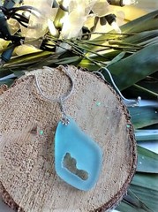 Hand Carved Footprint Blue Sea Glass Pendant Silver Necklace 18″
