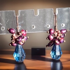 Wire Wrapped Earrings Grape Cluster Beads Peacock Blue Crystal Briolette Drops.
