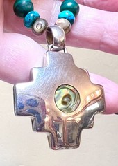 LOVELY Artisan Sterling Silver Malachite, Turquoise, Abalone Reversible Necklace