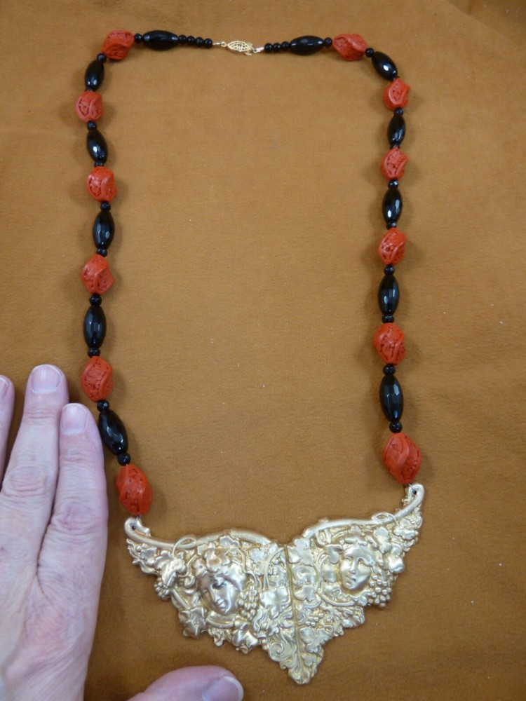 (v499-3) Woman grapes brass Red Cinnabar + Black Onyx Beaded 29″ long Necklace