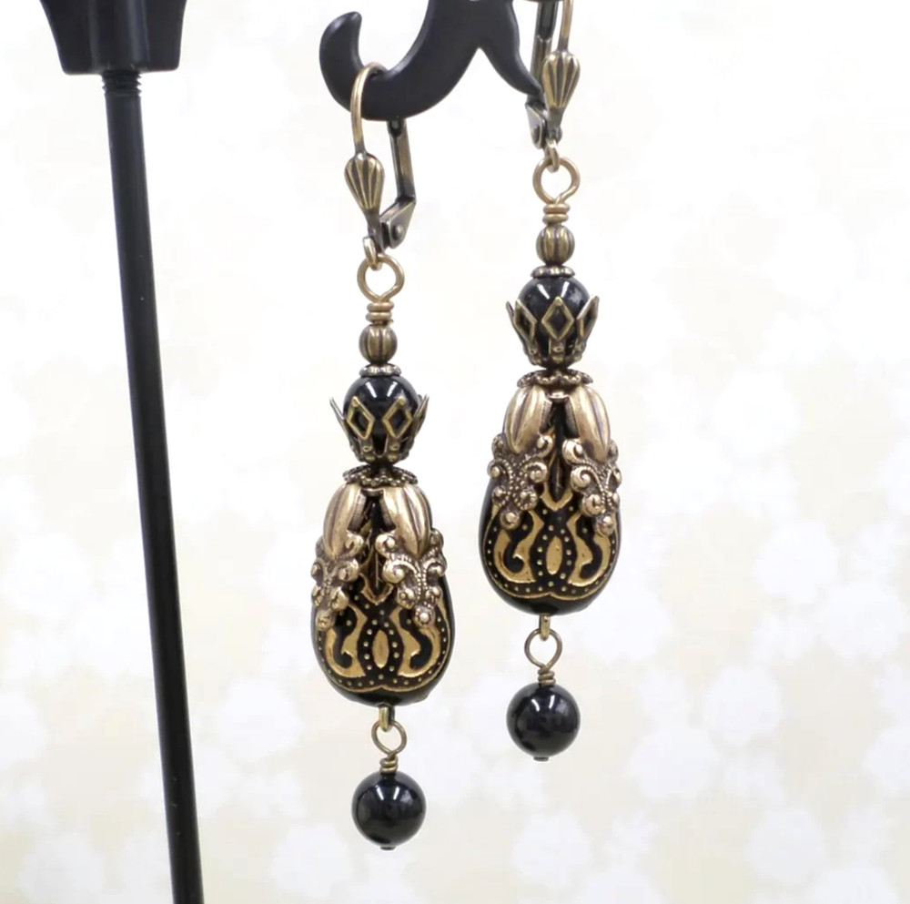 Black Victorian Earrings: Antique Brass Filigree, Acrylic Bead Dangle Jewelry
