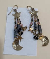 TABRA Celestial Chandelier Earrings Snowflake Obsidian, Moon, And Stars Beaded