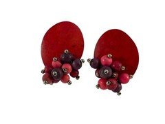 VTG Hand Crafted Red Purple Beaded Cluster Earrings Wood Statement Boho Retro