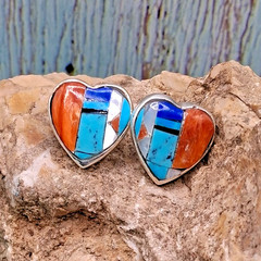 Native Southwestern Inlay Stud Earrings Heart Shape Multi Color Sterling Silver