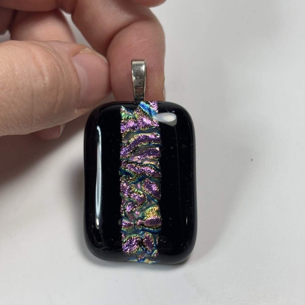 Fused Dichroic Glass Necklace Pendant-Black, SIlver, Purple and Pink Mix