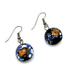Millefiori Black/Blue/White Bead Gold Metalflake SilverTone Fish Hook Earrings