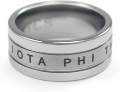 Iota Phi Theta tungsten ring etched crest and letters