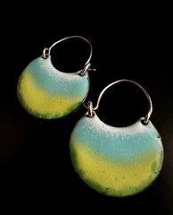 Fun Copper Enamel Hoop Earrings 925 Sterling Wires Green Yellow Artisan