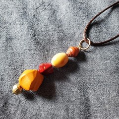 Handmade Orange Beaded Pendant Upcycled Necklace, 18 Inch Brown Cord