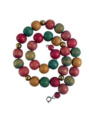 Handcrafted Matte Wood Beaded Necklace Red Green Brown Brass Spacers