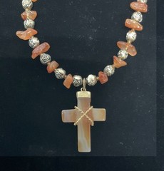 Orange Quartz Stone Cross and Bead Necklace Boho Christian