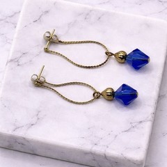 Blue Crystal and Gold Tone Chain Drop Dangle Earrings – Handmade