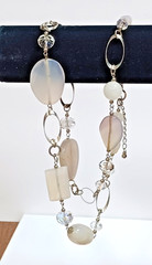 Milky Glass Beaded Necklace 32″ Transparent Single Strand Silver Tone Chain