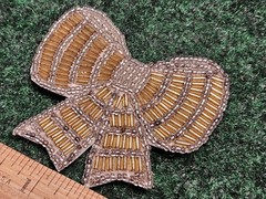 Hand Made Beaded Bow Brooch Pin Garment Embellishment Gold Clear 2.5″