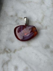 Artisan Fused Glass Pendant With Red Cream Accents With Silver Bail