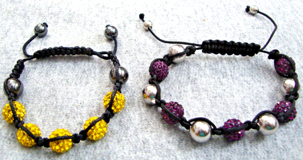 Rhinestone Shamballa Bead Macrame Slide Bracelet Bohemian Purple Yellow Hematite