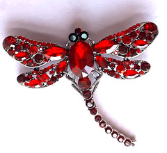 vintage RED DRAGONFLY faceted RHINESTONEs in GIFT BOX Silver Tone #BRO4