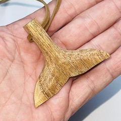 Wood Whale Tail Pendant Necklace Hand Carved 24″ Leather Cord Strength Power