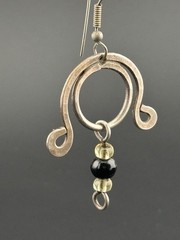 Artisan Sculptural Mixed Metal Black Yellow Glass Bead Dangle Earrings
