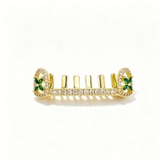 Hip Hop 6 Teeth Grillz Green Zircon Clover Gold Silver Plated Iced Out Mouth Cap