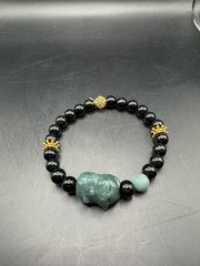 Black Jade and Blue Water Jade Beaded Bracelet with Lucky Cat Charm