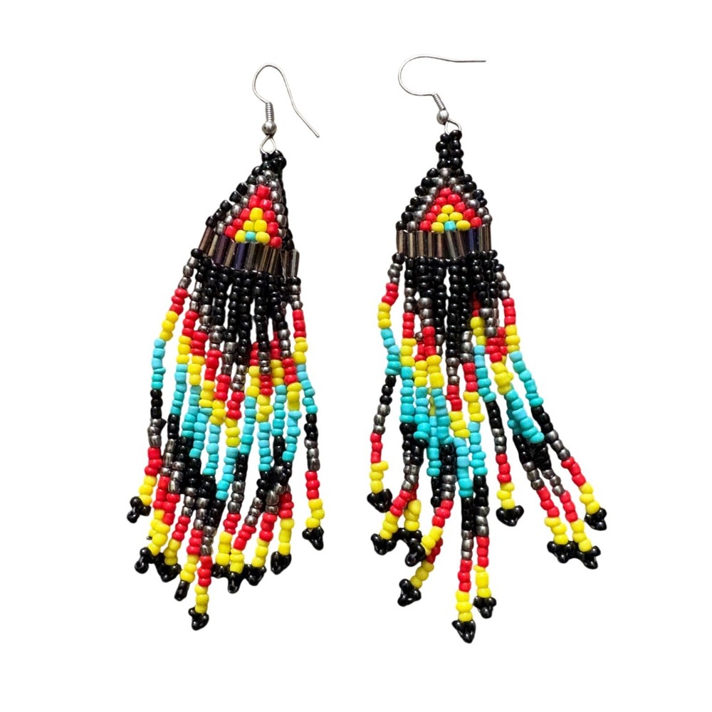 Handmade Beaded Fringe Earrings Southwestern Black Red Yellow Turquoise 4 Inch
