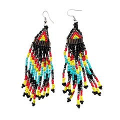 Handmade Beaded Fringe Earrings Southwestern Black Red Yellow Turquoise 4 Inch