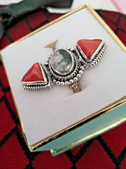 Artisan Crafted White Buffalo and Mediterranean Coral Ring in Sterling Sz 6