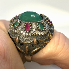ARRAUS 925 Silver Bronze Ottoman Statement Ring SZ 8 Simulated Emerald Multi-Gem