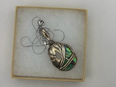 Abalone Paua Shell Pendant Necklace Wrapped Silver Tone Artisan Boho Statement