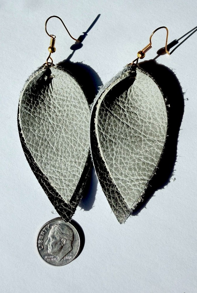 Soft Gray genuine Leather Leaf Dangle Drop Earrings for Women, 1.75 in Handmade