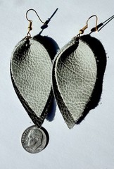 Soft Gray genuine Leather Leaf Dangle Drop Earrings for Women, 1.75 in Handmade