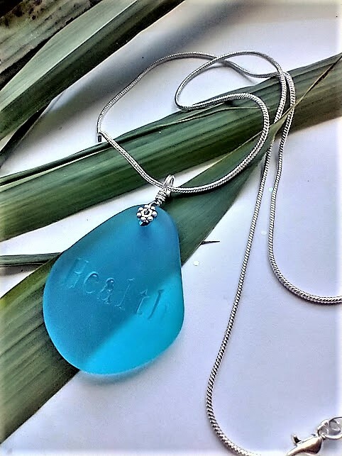 Seaglass Engraved Inspirational «HEALTH» Blue Pendant Snake Chain Necklace