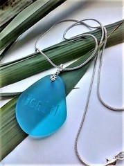 Seaglass Engraved Inspirational «HEALTH» Blue Pendant Snake Chain Necklace