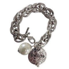 Atelier Charm Bracelet 8 Inch Silver Tone Blessed Disc Faux Pearl Jewelry