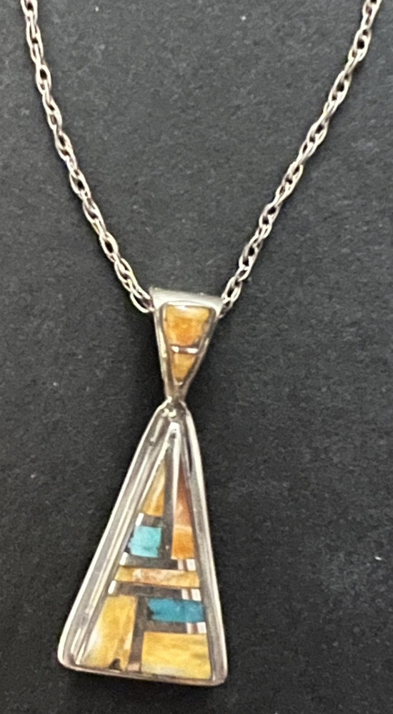 Vintage Sterling Silver Inlaid Spiny Oyster Coral Turquoise Pendant Necklace