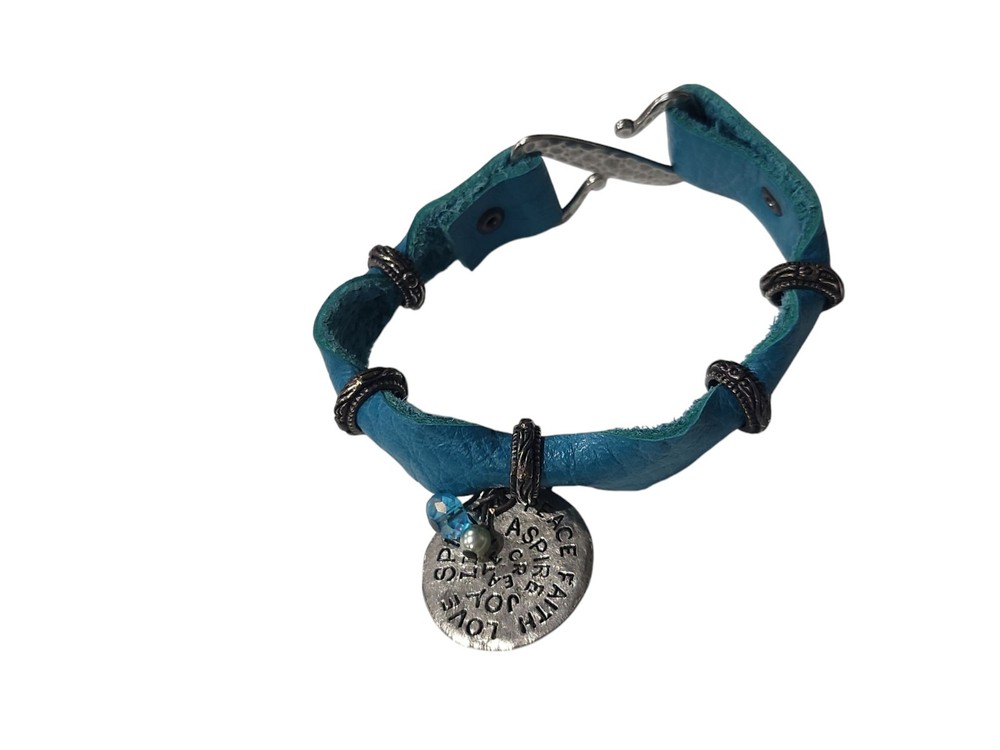 7.5″ Teal Aqua Bracelet Artisan Leather Band, Charms Handmade Hammered Z clasp