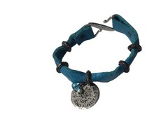 7.5″ Teal Aqua Bracelet Artisan Leather Band, Charms Handmade Hammered Z clasp