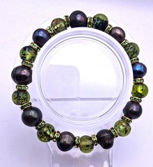 Black Baroque Pearls Green Handmade Lampwork Green Rhinestones Beaded Bracelet