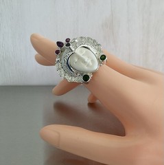 Sajen Silver Carved Goddess Ring Multi Gemstones 925 Sterling Silver Size 7